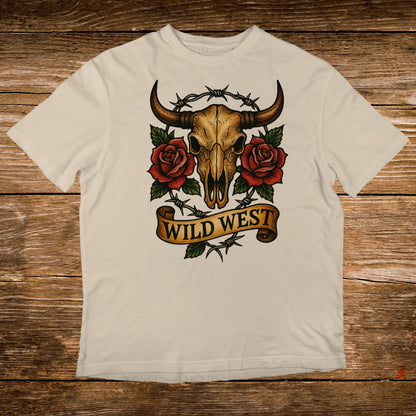 Cow skull with roses and barbed wire, "Wild West" banner.