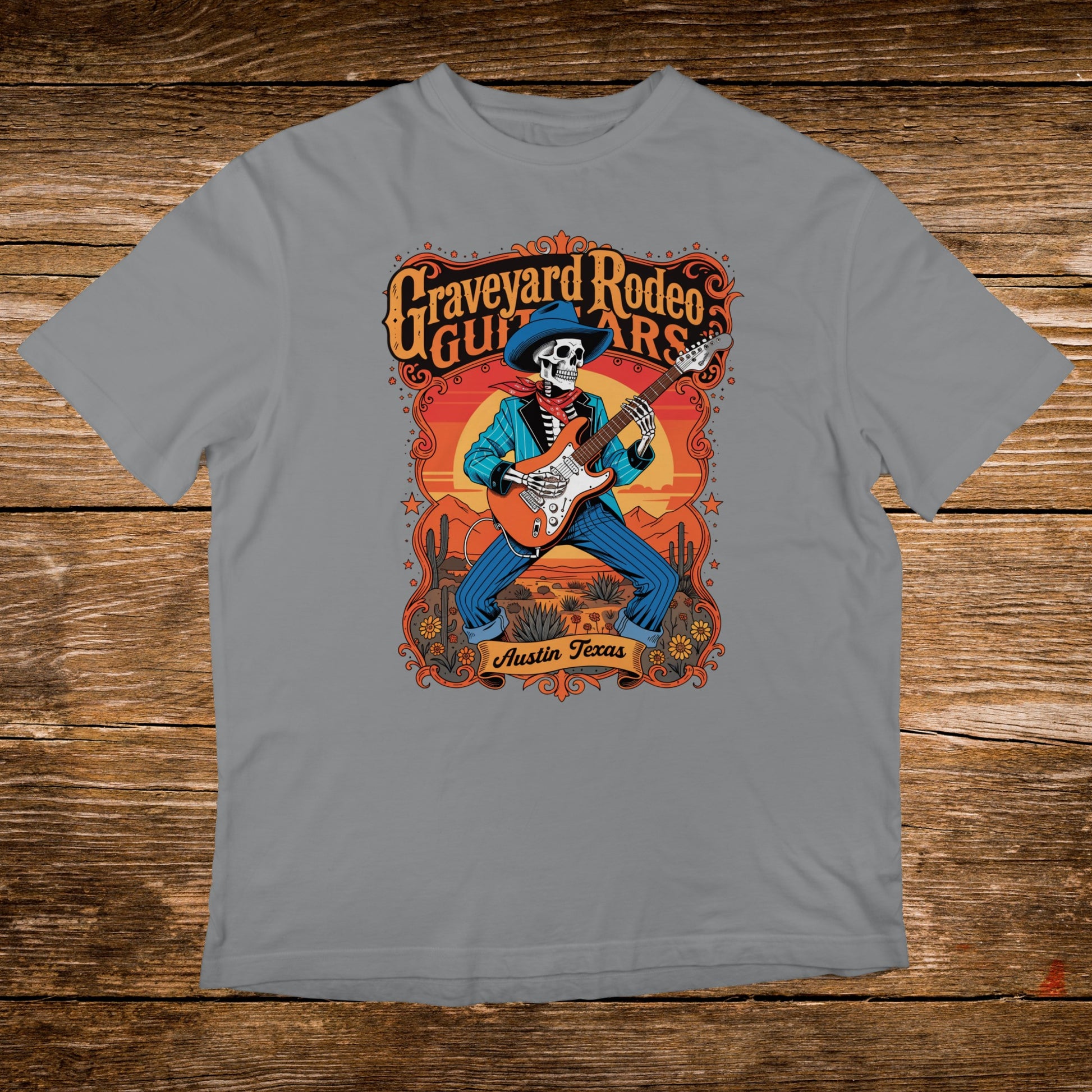 Graveyard Rodeo Guitars design with skeleton playing guitar, Austin Texas text.
