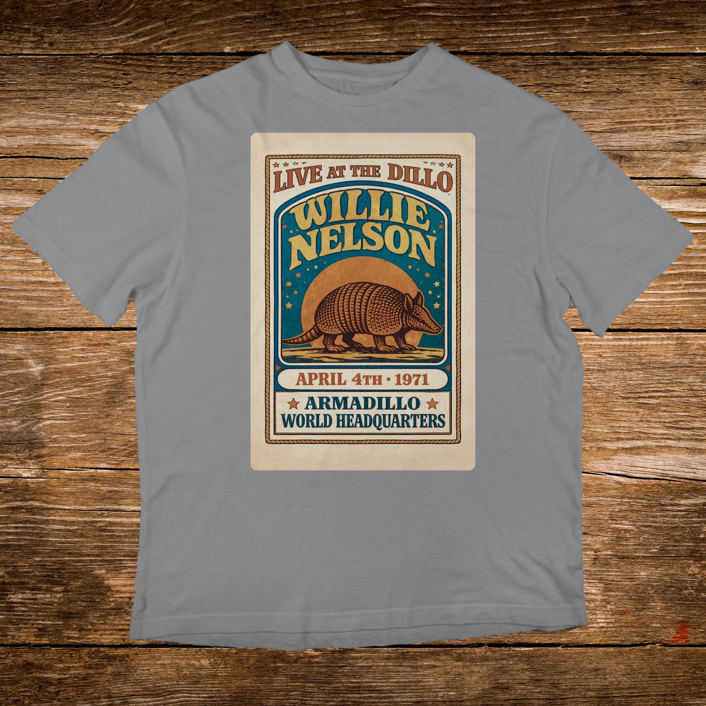 Willie Nelson Live at the Dillo concert poster with armadillo graphic.