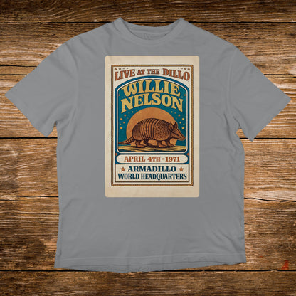 Willie Nelson Live at the Dillo concert poster with armadillo graphic.