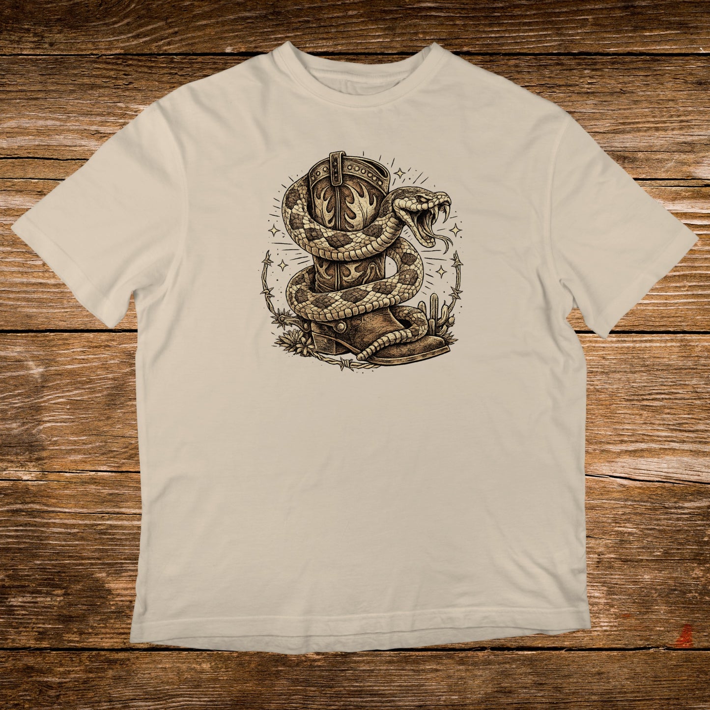 Western boot with snake coiled around it, on wood background.