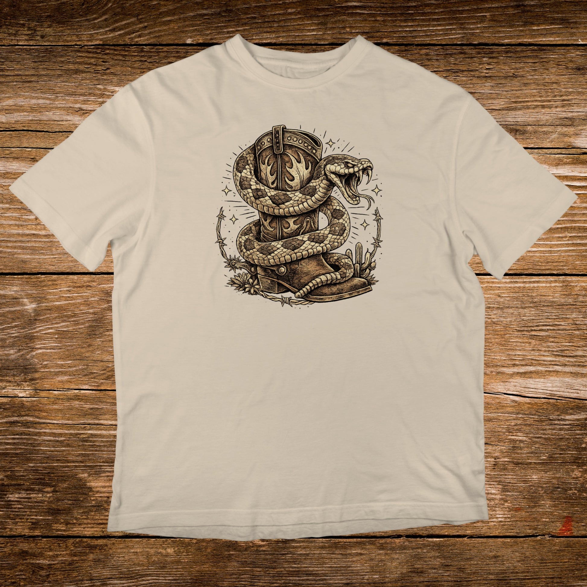 Western boot with snake coiled around it, on wood background.