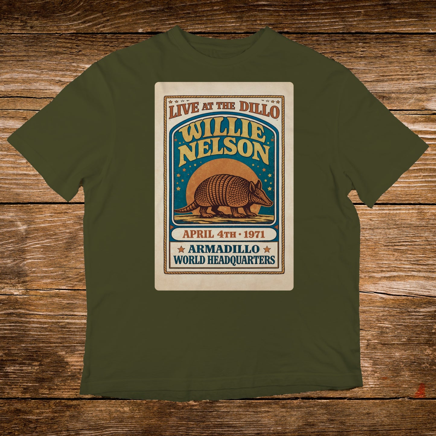 Willie Nelson at the Armadillo World Headquarters concert poster on an olive t-shirt.