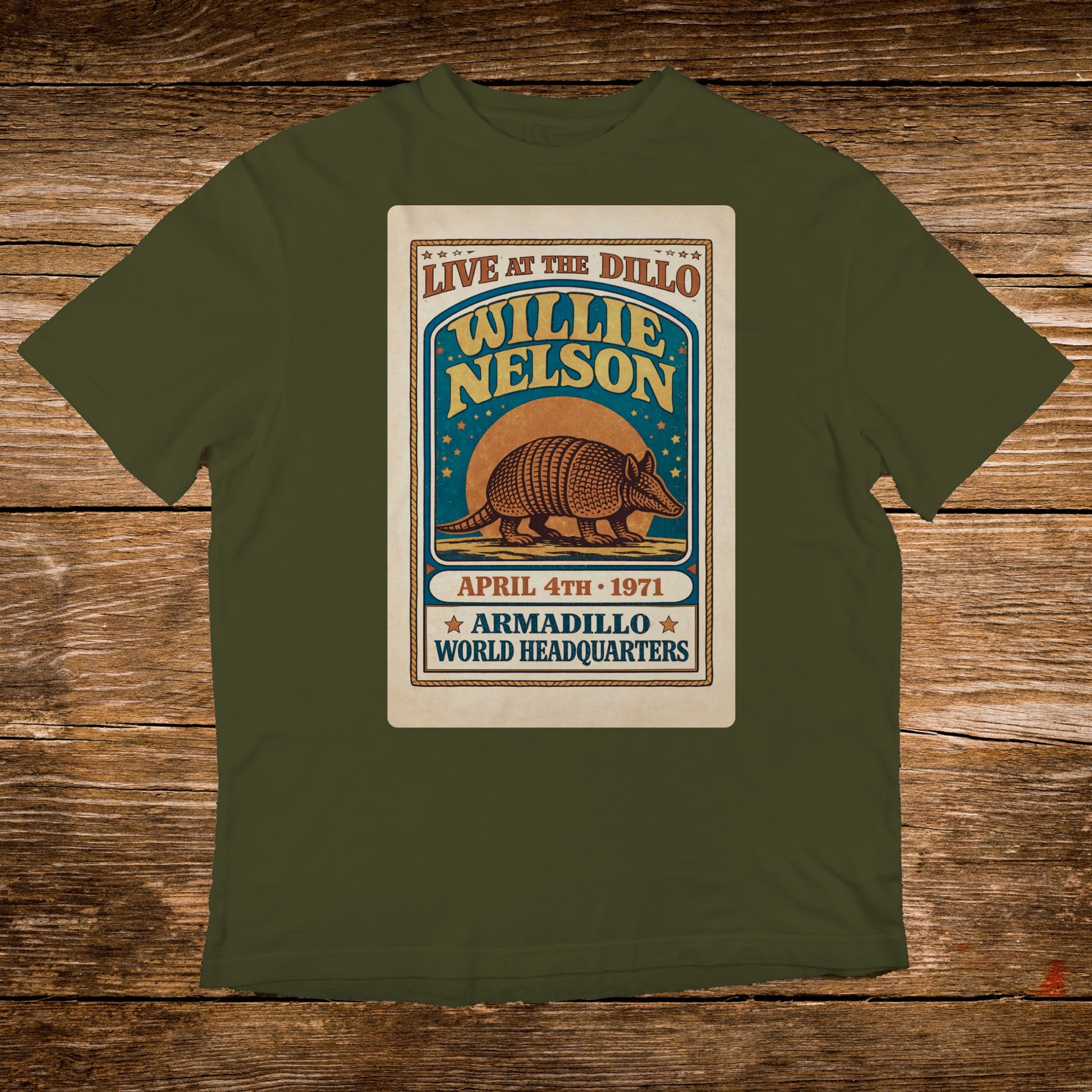 Willie Nelson at the Armadillo World Headquarters concert poster on an olive t-shirt.
