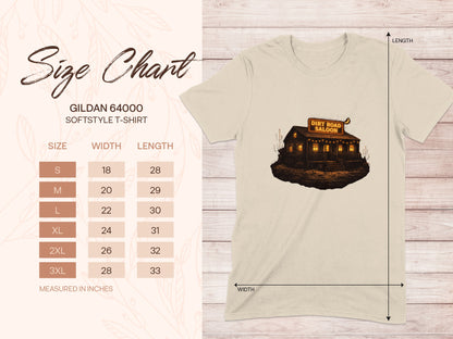 Gildan 64000 size chart for softstyle t-shirts with measurements.
