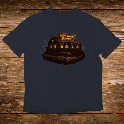 Dark t-shirt with a vintage illustration of a saloon at night.