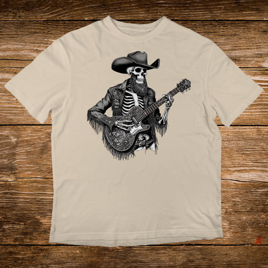 Skeleton in cowboy hat and fringe jacket playing guitar.