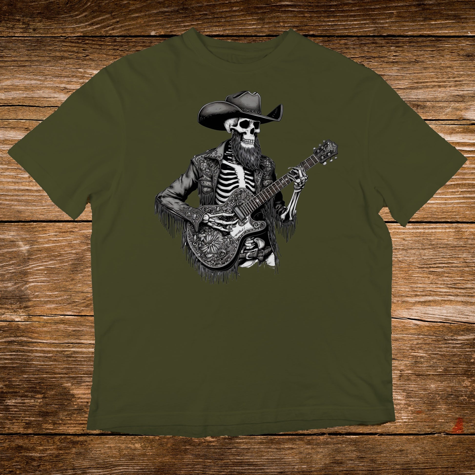 Skeleton in cowboy hat and fringed jacket playing a guitar.