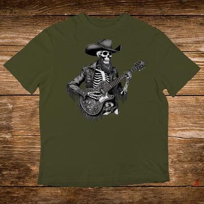 Skeleton in cowboy hat and fringed jacket playing a guitar.