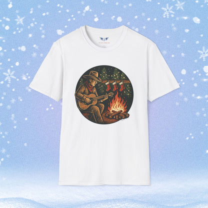 Cowboy Playing Guitar by Fire with Christmas Stockings Tshirt