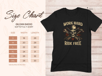 Gildan 64000 Softstyle T-shirt size chart and skull graphic.