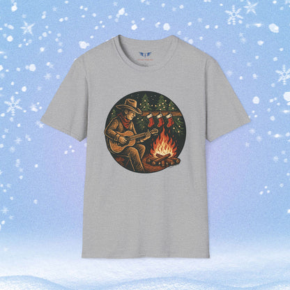 Cowboy Playing Guitar by Fire with Christmas Stockings Tshirt