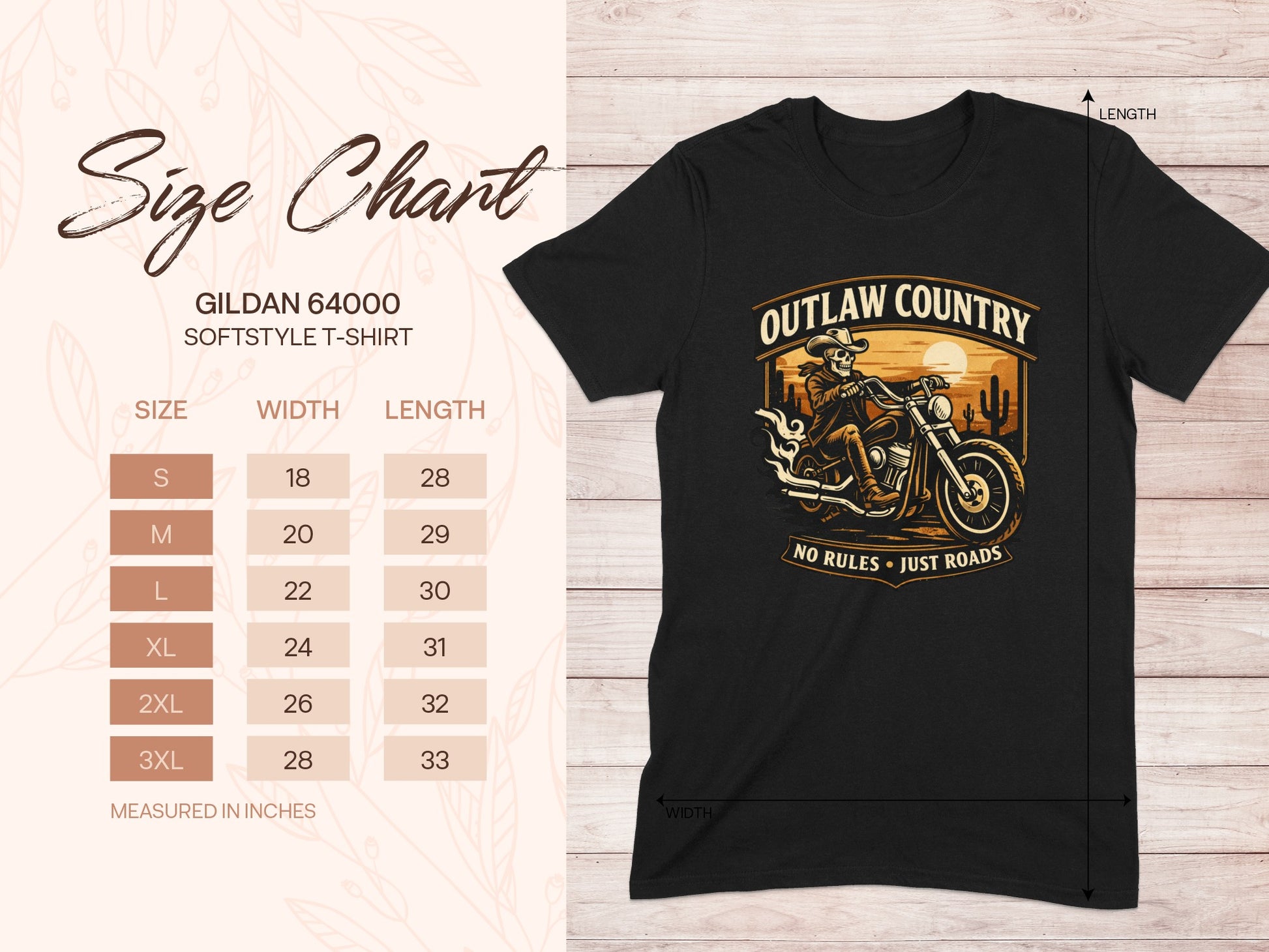 Size chart for Gildan 64000 t-shirt with outlaw country graphic.