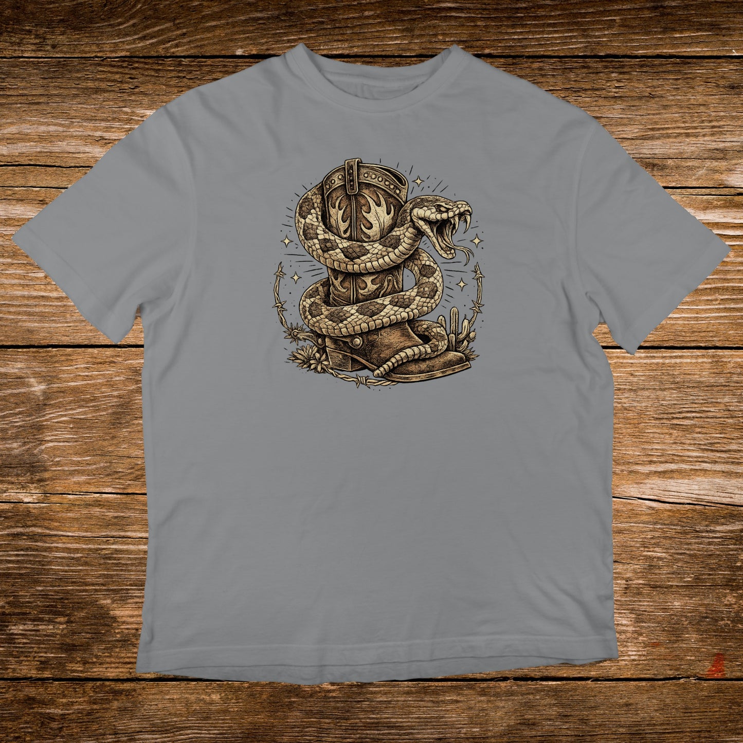 Rattlesnake coiled around a cowboy boot with ornate stitching.