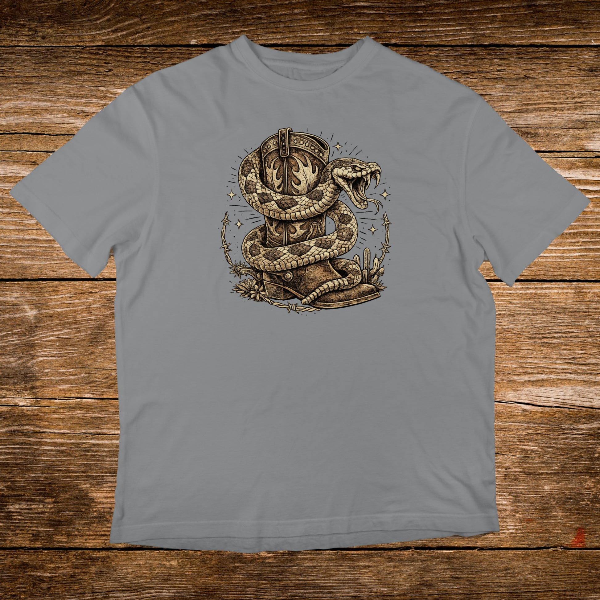 Rattlesnake coiled around a cowboy boot with ornate stitching.