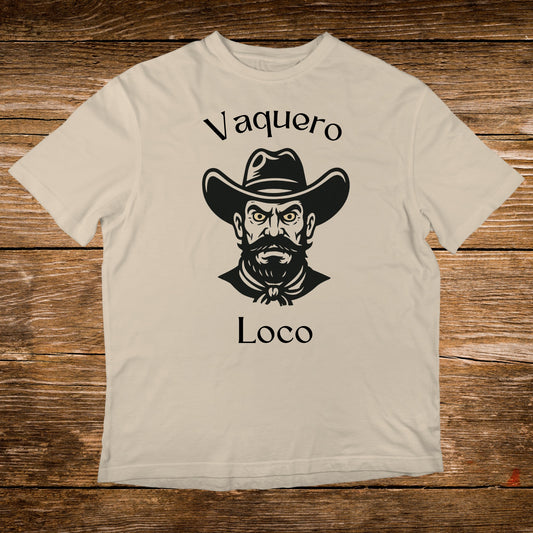 T-shirt with black graphic of a cowboy's head and "Vaquero Loco" text.