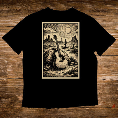 Acoustic guitar rests against rock in desert landscape with sun overhead.