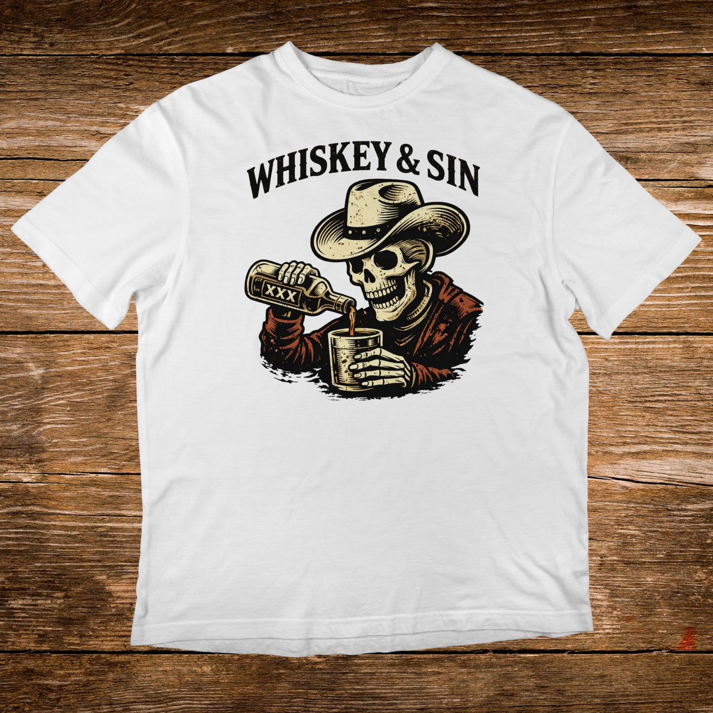 Skeleton wearing a cowboy hat pours whiskey into a glass, text "WHISKEY & SIN".