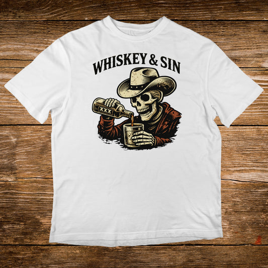 Skeleton wearing a cowboy hat pours whiskey into a glass, text "WHISKEY & SIN".