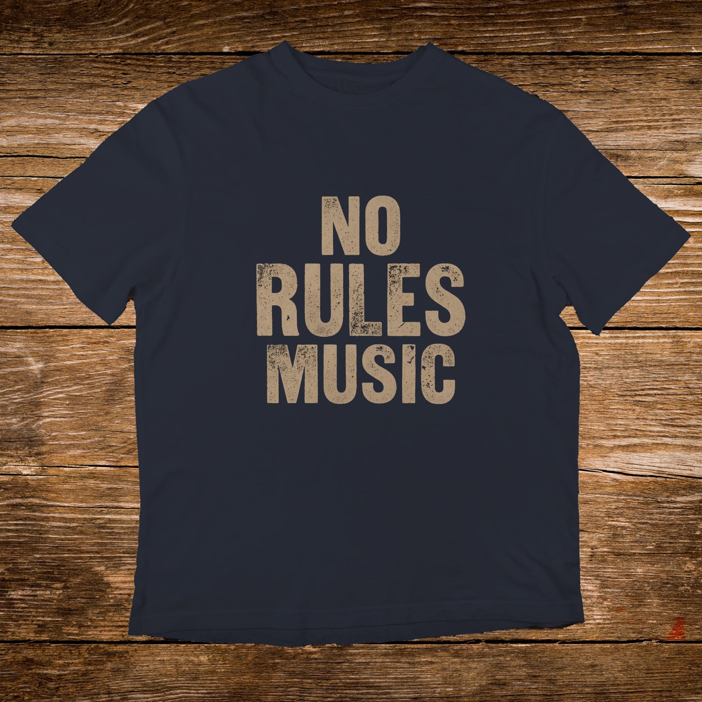 Navy t-shirt with "NO RULES MUSIC" text in distressed beige font.