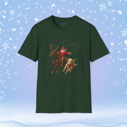 Santa and Rain Deer Steer Roping Tshirt
