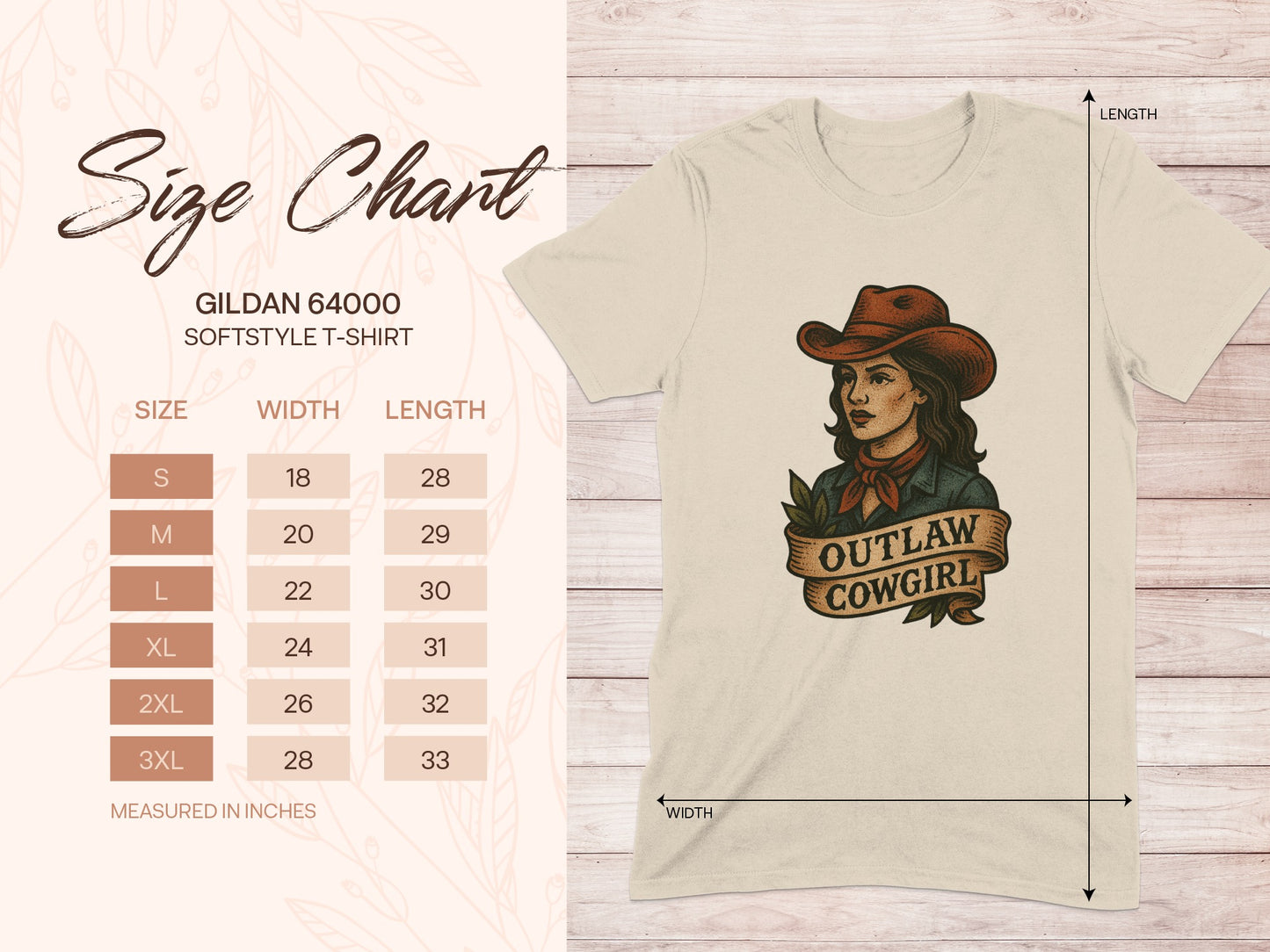 Gildan 64000 Softstyle T-shirt size chart with "Outlaw Cowgirl" graphic.