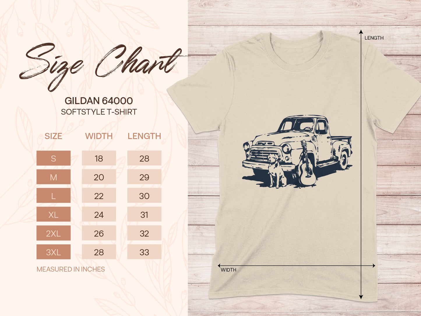 Gildan 64000 Softstyle T-shirt size chart with truck and dog graphic.