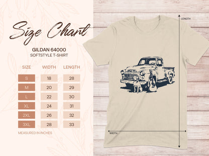 Gildan 64000 Softstyle T-shirt size chart with truck and dog graphic.