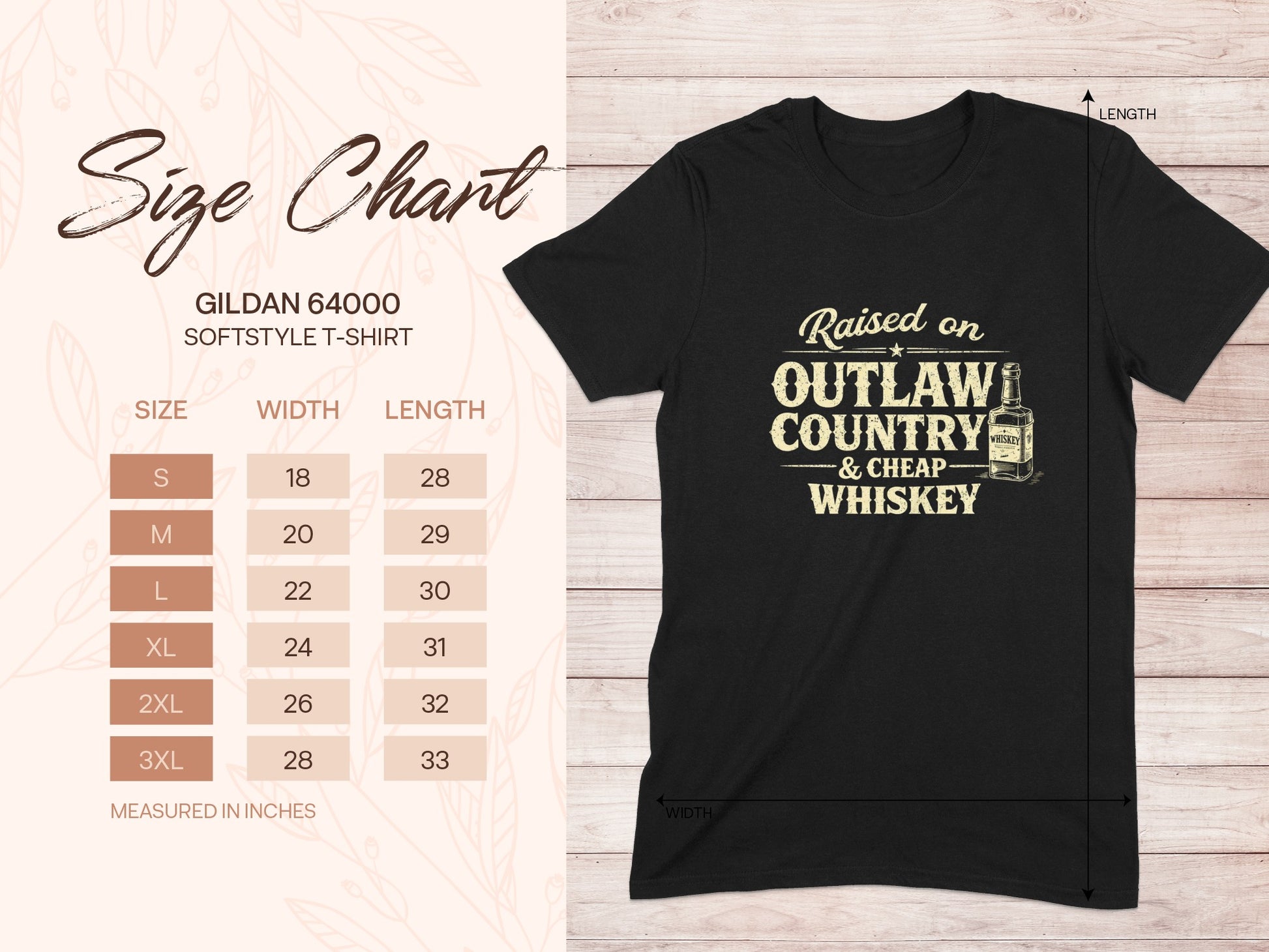 Gildan 64000 size chart for a t-shirt with "Raised on Outlaw Country & Cheap Whiskey" graphic.