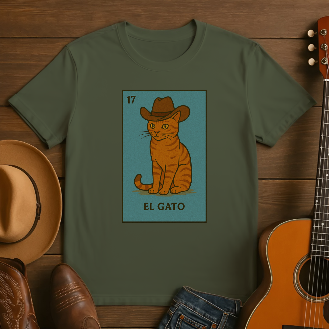 Loteria Style El Gato with Cowboy Hat Tshirt
