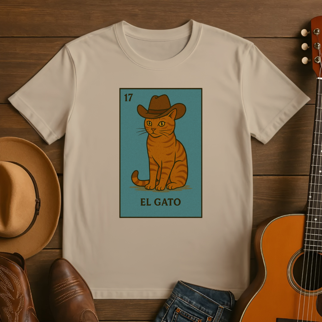 Loteria Style El Gato with Cowboy Hat Tshirt