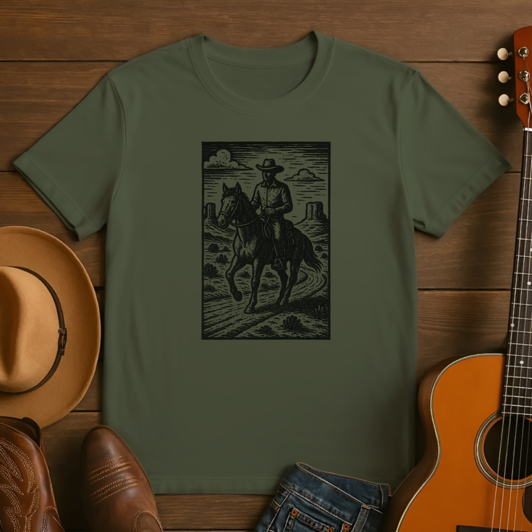 Block Print Cowboy Riding a Horse in the Desert Tshirt