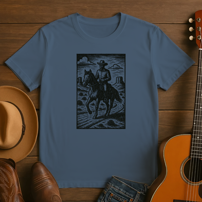 Block Print Cowboy Riding a Horse in the Desert Tshirt