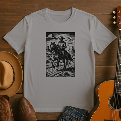 Block Print Cowboy Riding a Horse in the Desert Tshirt