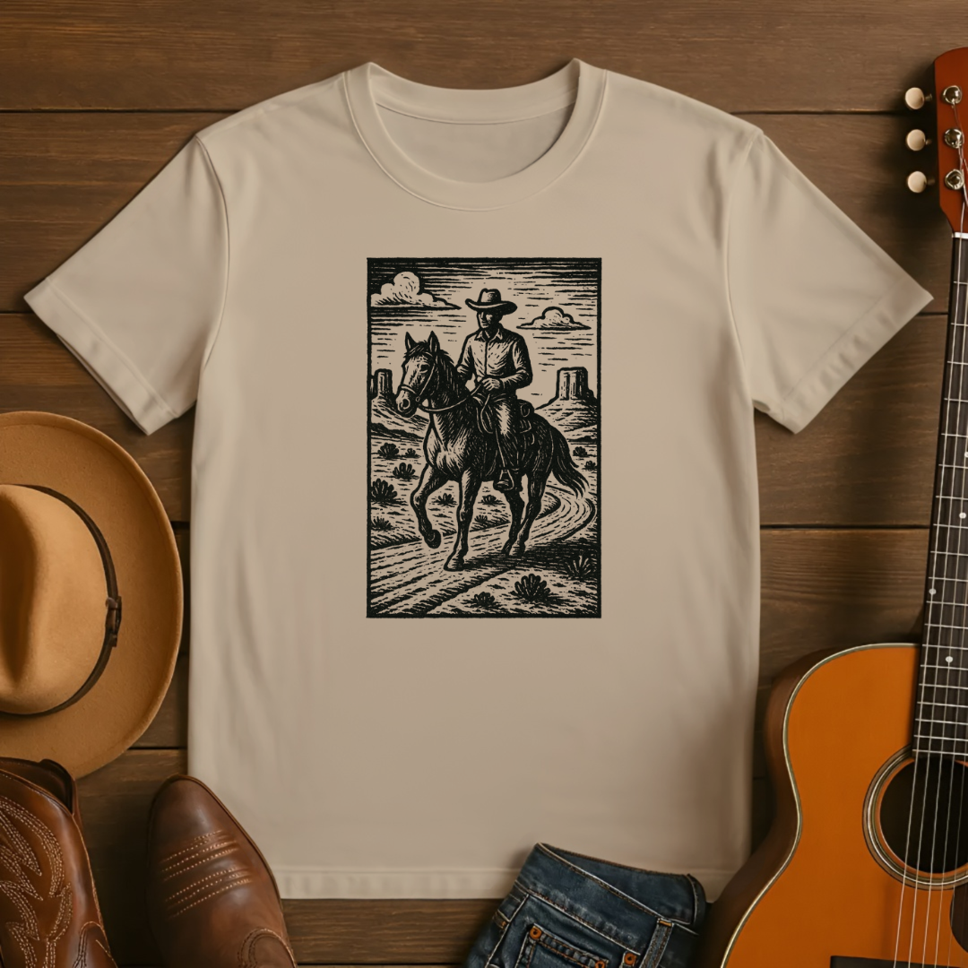 Block Print Cowboy Riding a Horse in the Desert Tshirt