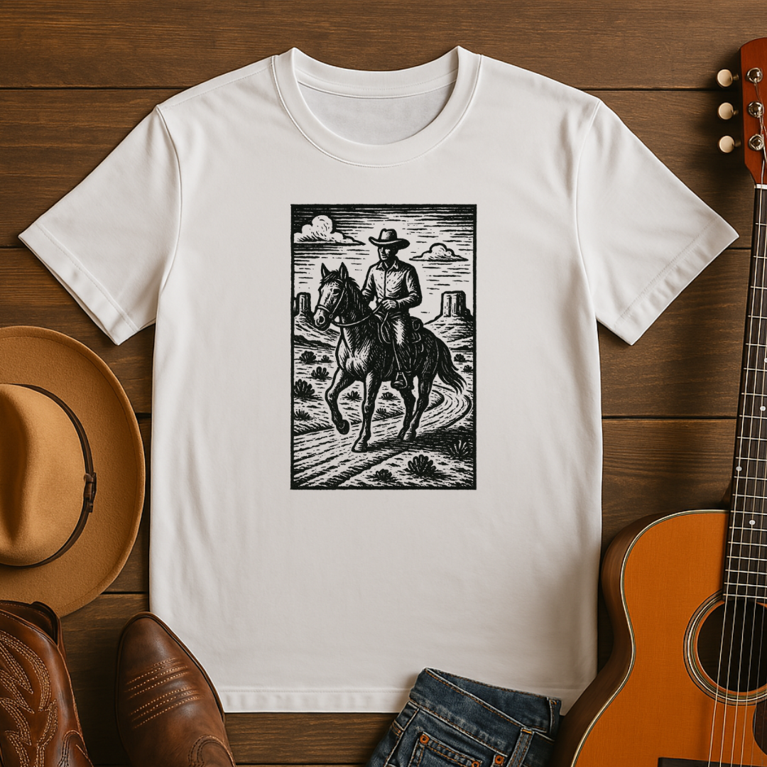Block Print Cowboy Riding a Horse in the Desert Tshirt