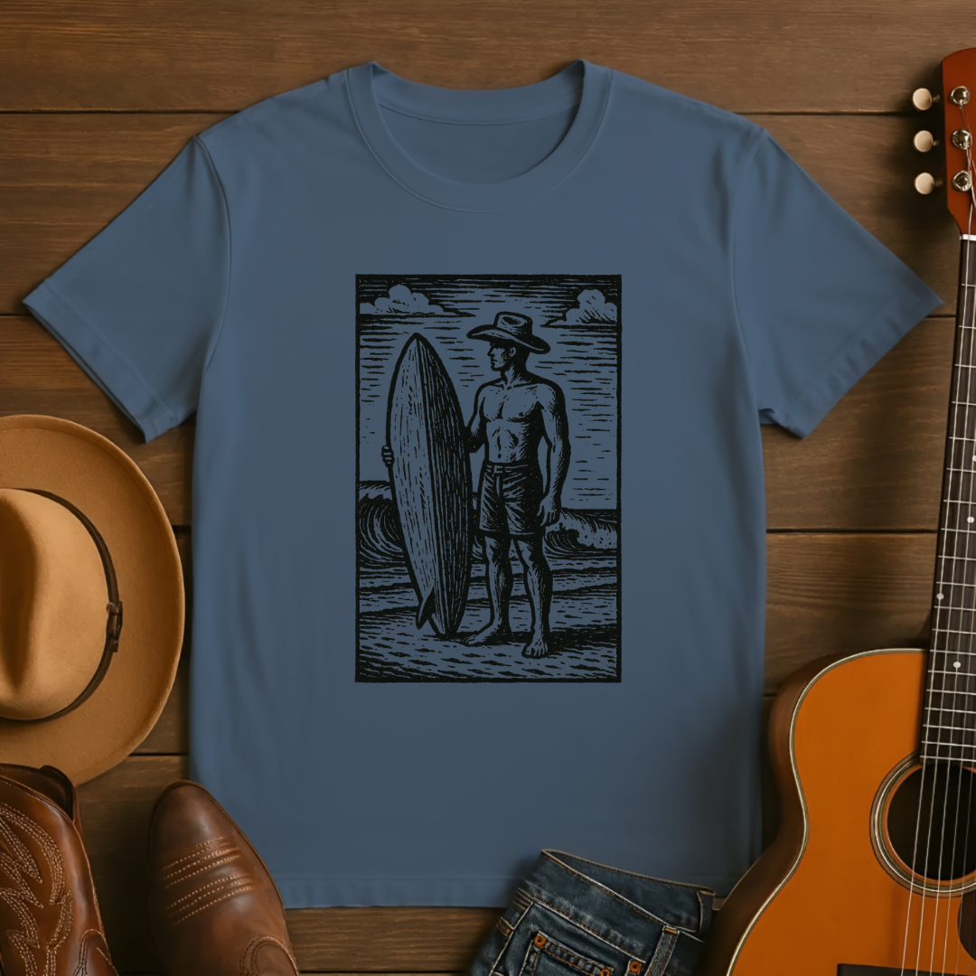 Block Print Cowboy Cowboy Surfer on the Beach Tshirt