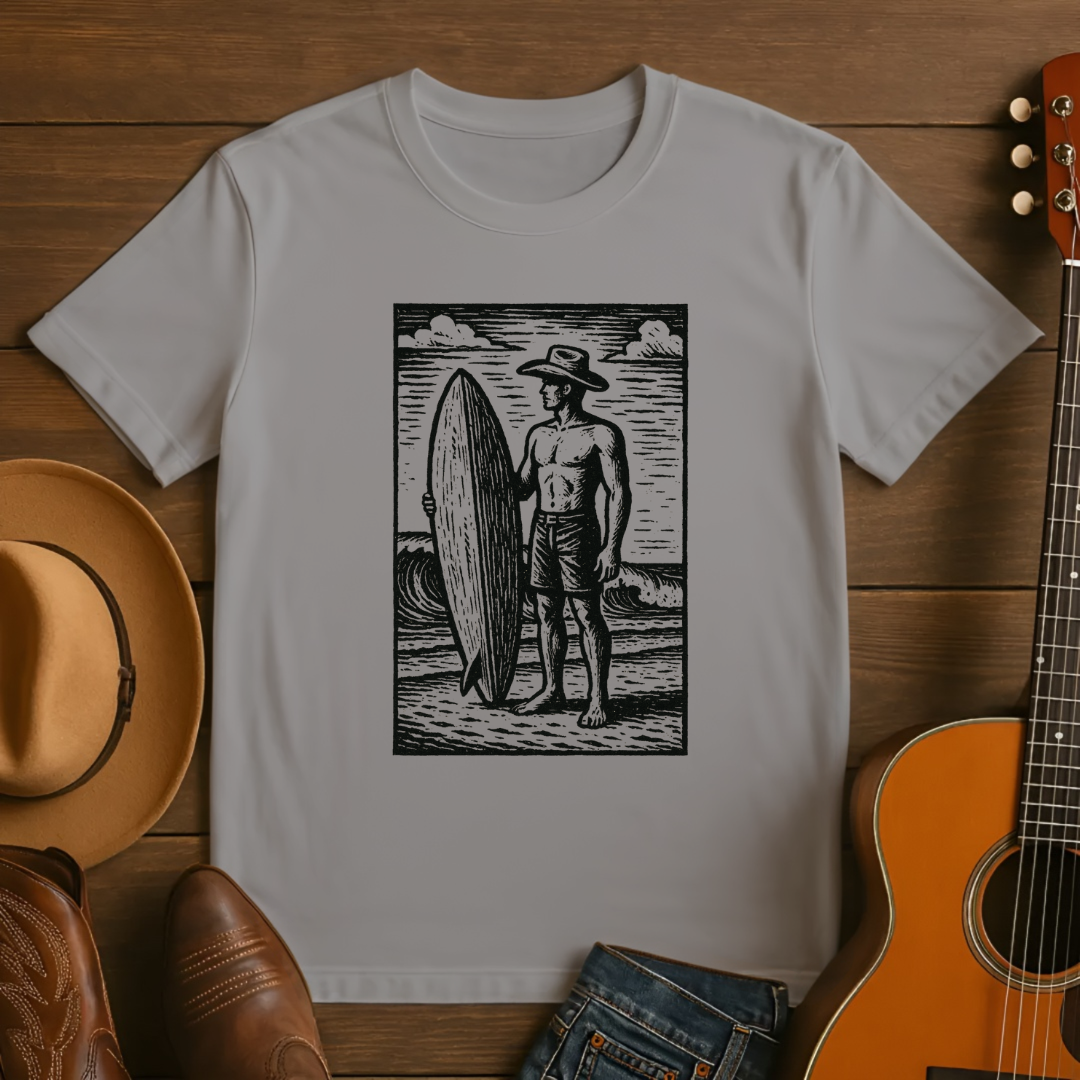 Block Print Cowboy Cowboy Surfer on the Beach Tshirt