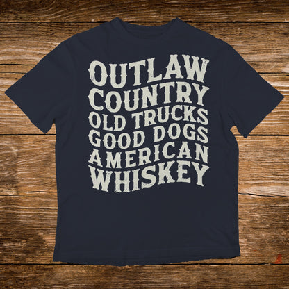 Navy t-shirt with "Outlaw Country, Old Trucks, Good Dogs, American Whiskey" text.