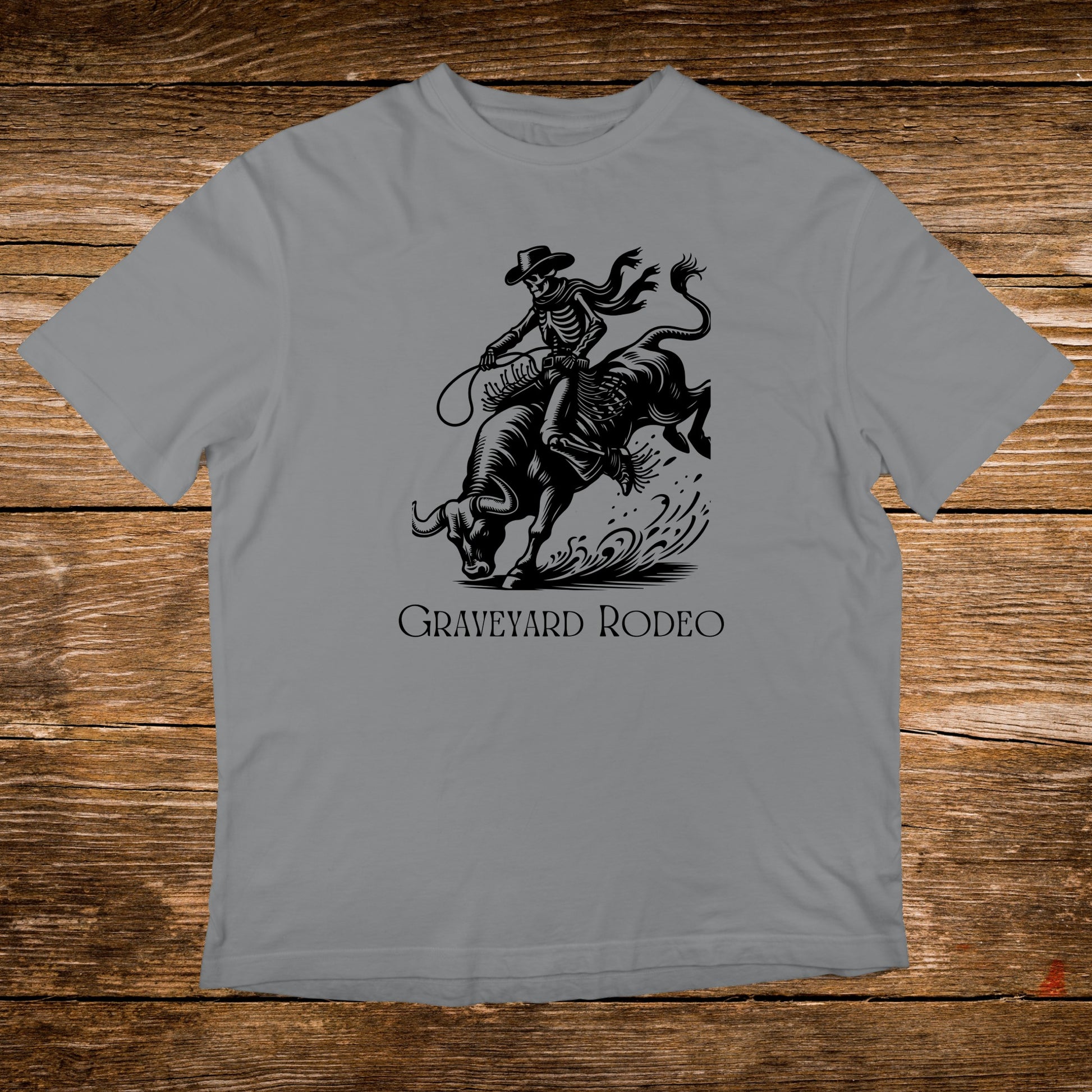 Skeleton cowboy riding a bull with "Graveyard Rodeo" text.