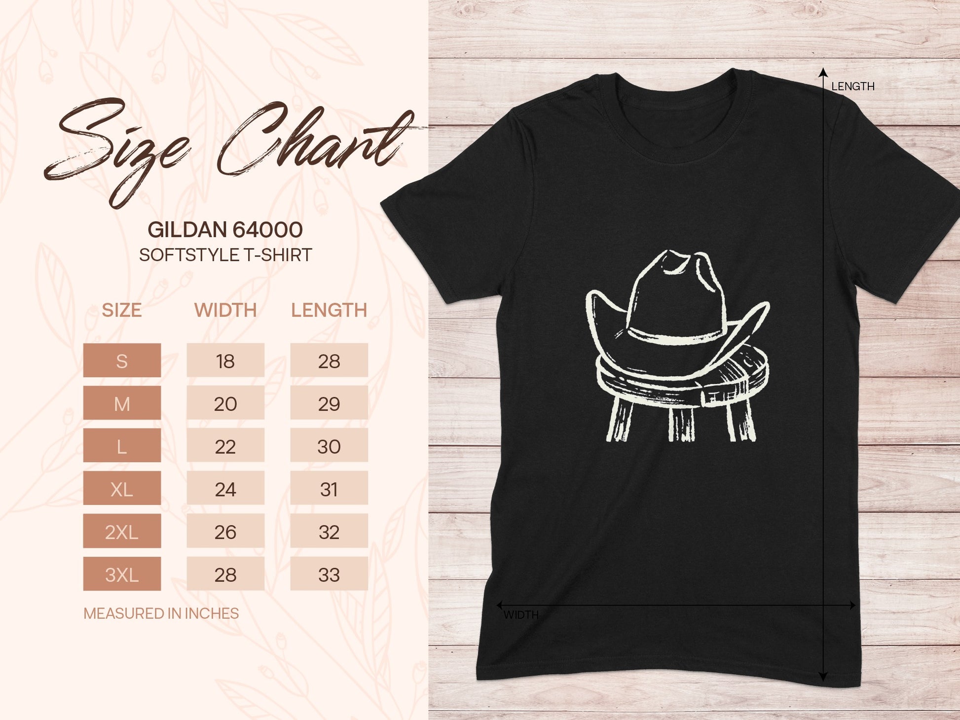 Gildan 64000 size chart for Softstyle t-shirts, with width and length measurements in inches.