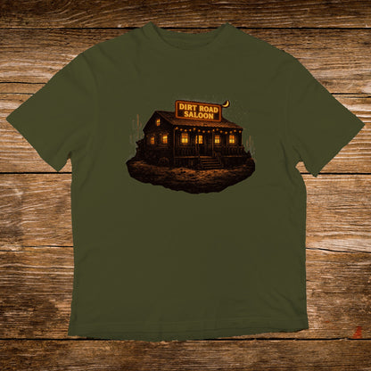 Dirt Road Saloon graphic on a green t-shirt.