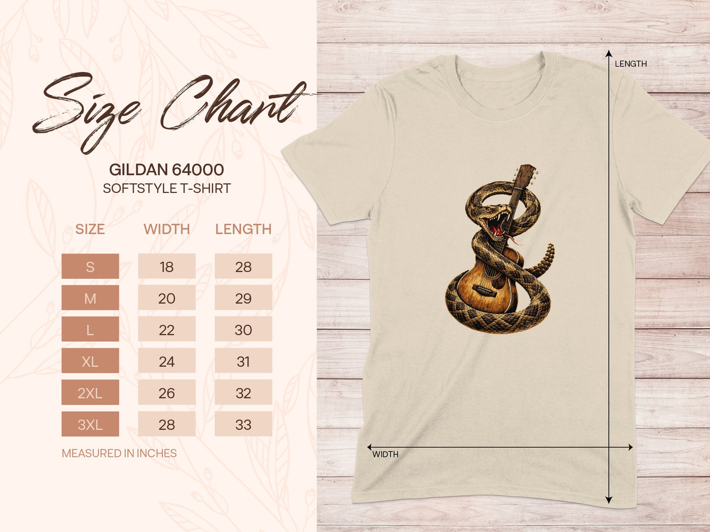 Gildan 64000 Softstyle T-shirt size chart with snake and guitar graphic.