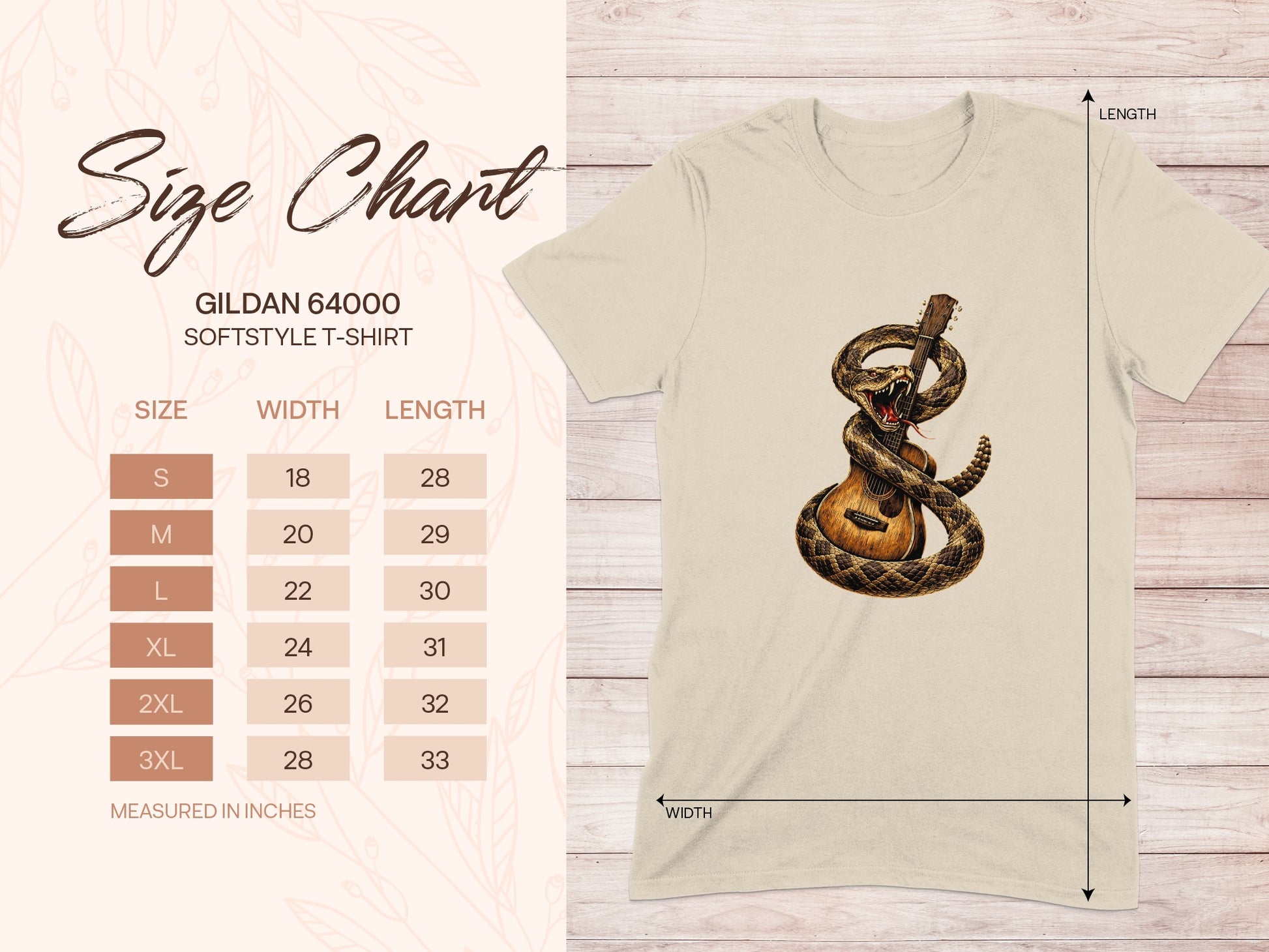 Gildan 64000 Softstyle T-shirt size chart with snake and guitar graphic.