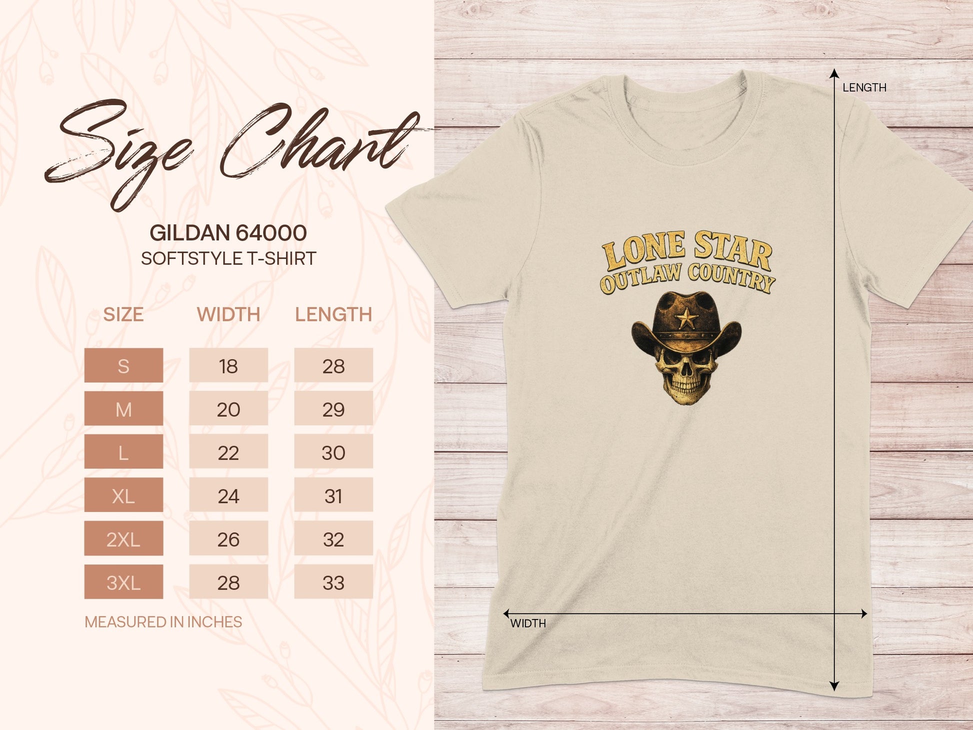 Gildan 64000 t-shirt size chart with skull and "Lone Star Outlaw Country" graphic.