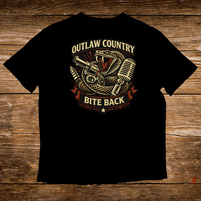 Black t-shirt with "Outlaw Country Bite Back" text and snake coiled around microphone and gun.
