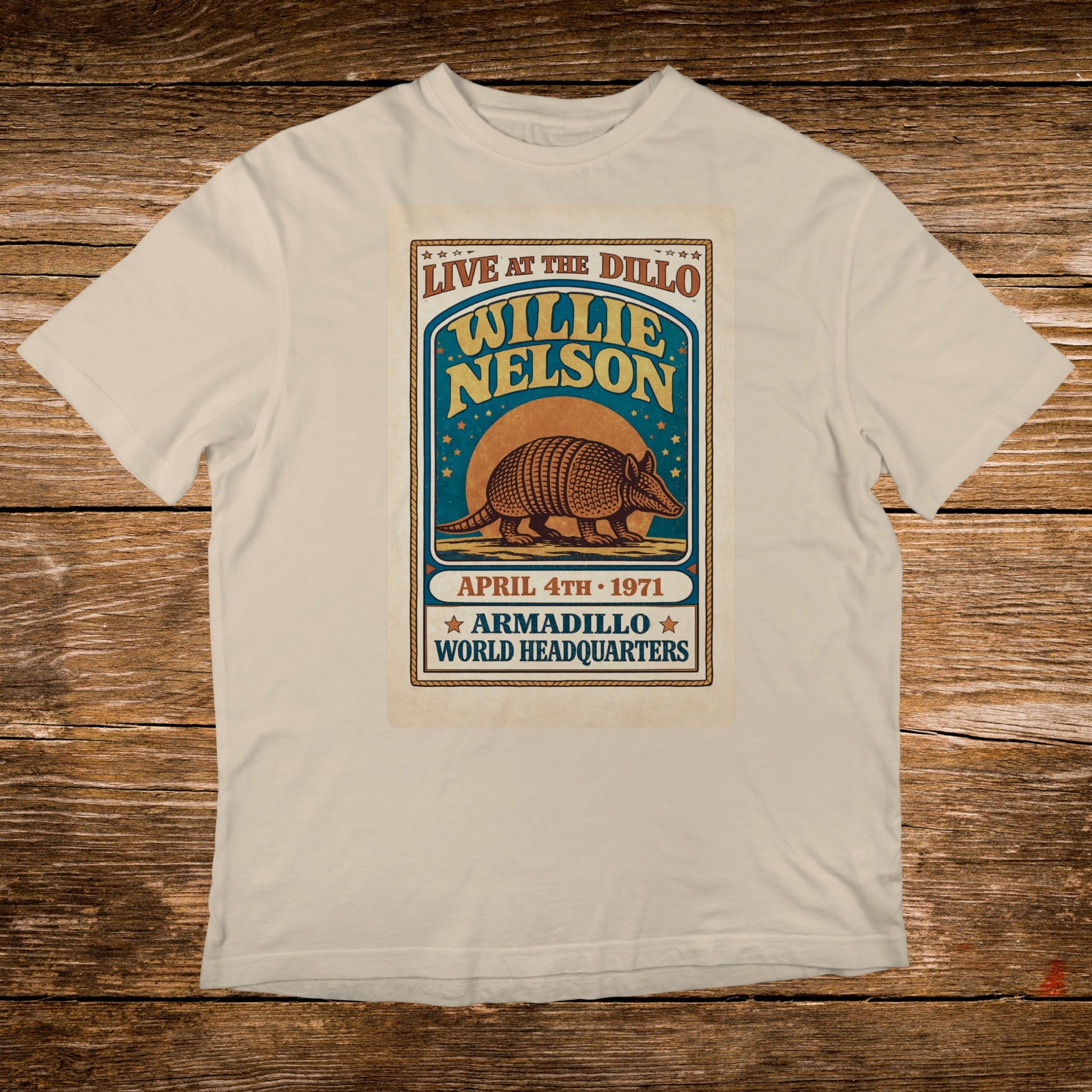 Willie Nelson Live at the Dillo poster with armadillo design on t-shirt.