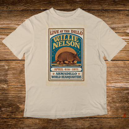 Willie Nelson Live at the Dillo poster with armadillo design on t-shirt.