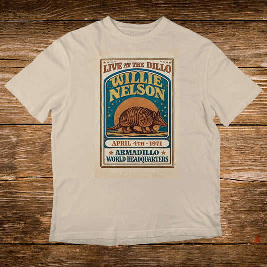 Willie Nelson Live at the Dillo poster with armadillo design on t-shirt.