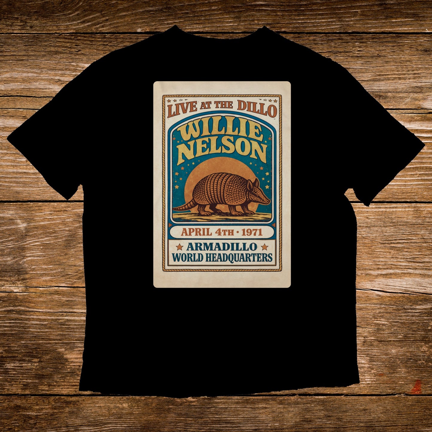 Willie Nelson Live at the Dillo April 4th, 1971 concert t-shirt.